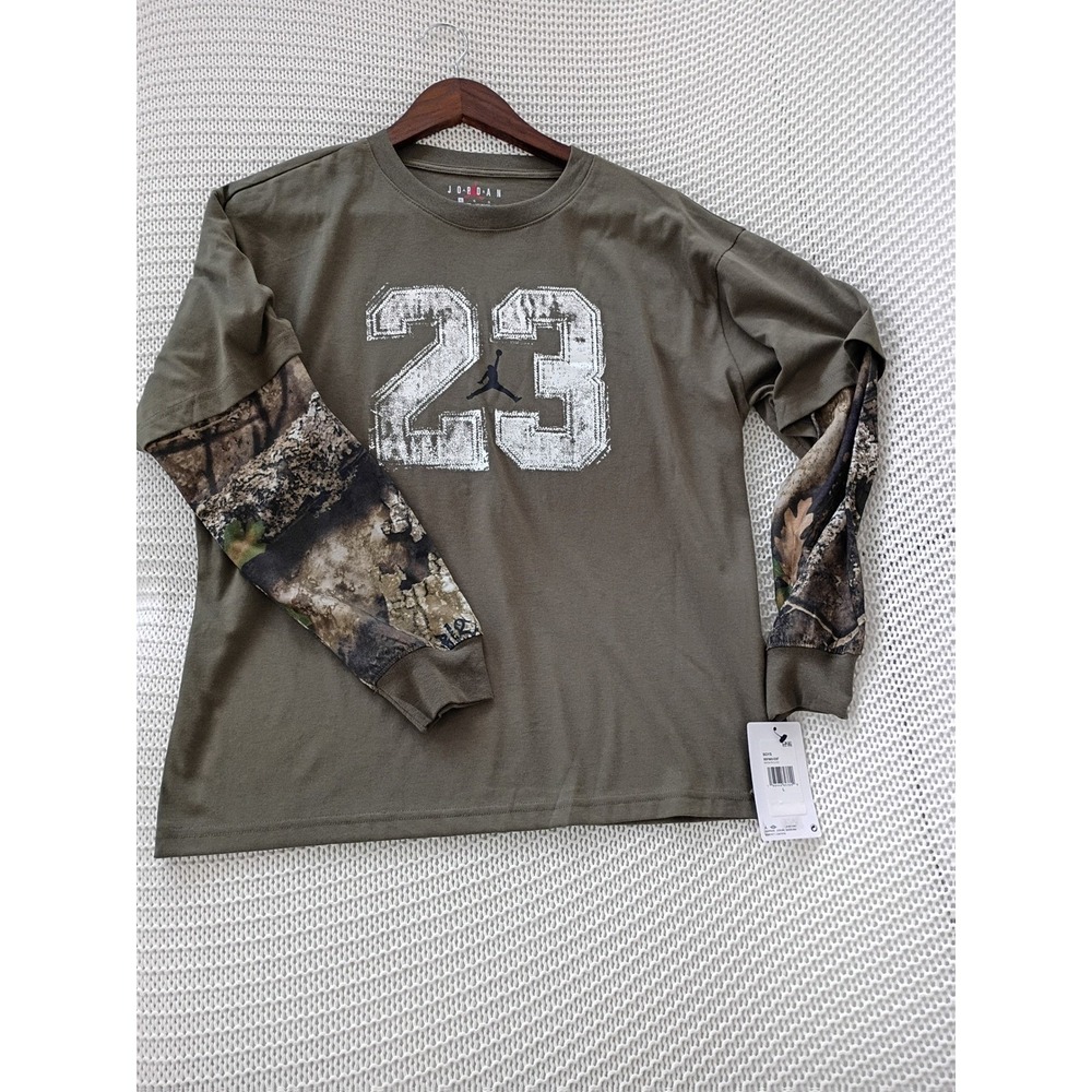 NWT Jordan Jumpman Camo Layered Long Sleeve Tee Olive Green Fits Women S/M - Picture 5 of 9